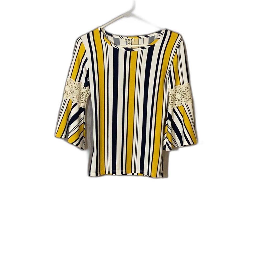 HEY Collection Women's Small Striped Bell Sleeve Top Lace Accent Yellow Navy Wht